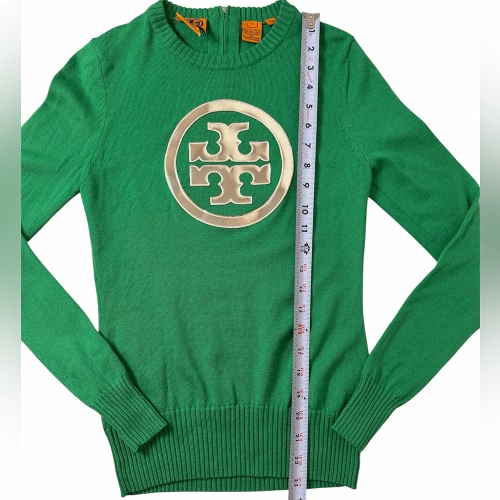 Tory Burch Wool Logo Pullover Sweater - Kelly Green with Silver Metallic Logo - Picture 14 of 15